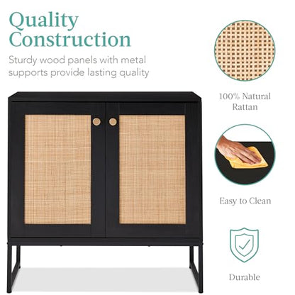 Best Choice Products 2-Door Rattan Storage Cabinet, Accent Furniture, Multifunctional Cupboard for Living Room, Hallway, Kitchen, Sideboard, Buffet Table w/Non-Scratch Foot Pads - Black - color: Rattan, Black