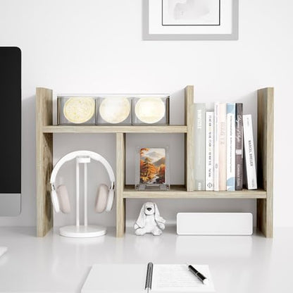 Jerry & Maggie Desktop Organizer Office Storage Rack Adjustable Wood Display Shelf Free Style Double H, Multi-Functional Mini Bookshelf for Desk Natural Stand (Gray Oak) - color: Gray Oak