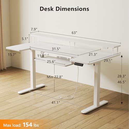 63 Inch U Shaped Electric Standing Desk with Keyboard Tray, White | Power Outlet, Monitor Stand, LED Light, 3 Presets, 28.3"-46.5"in Range, 154 lb Capacity - color: White, size: 63 Inch