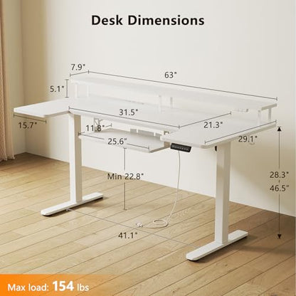 63 Inch U Shaped Electric Standing Desk with Keyboard Tray, White | Power Outlet, Monitor Stand, LED Light, 3 Presets, 28.3"-46.5"in Range, 154 lb Capacity - color: White, size: 63 Inch