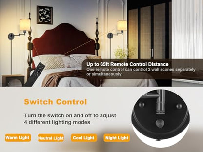 Plug in Wall Sconces with Remote Control, Dimming 10%-100% & Adjustable Colors 2700K-6500K, Hardwire or Plug-in, Swing Arm Wall Lamp with White Fabric Shade, Wall Sconces Set of Two, Black Finish - color: Black & White