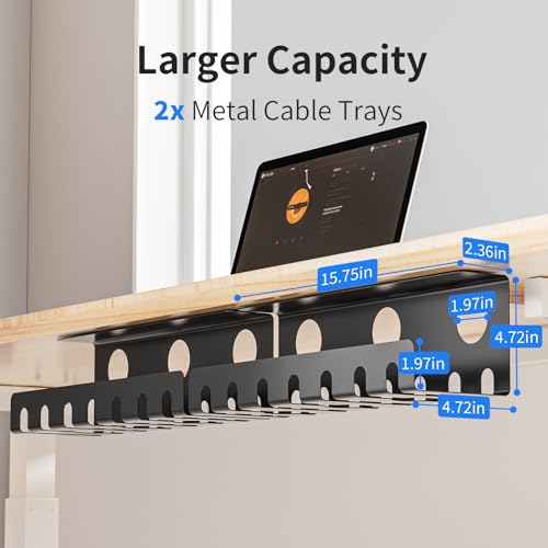 Delamu 2 Pack Metal Under Desk Cable Management Tray, U Channel Cord Organizer Box, Office Under Desk Cord Organizers, Cable Management with Various Accessories, Black, 15.75 Inches