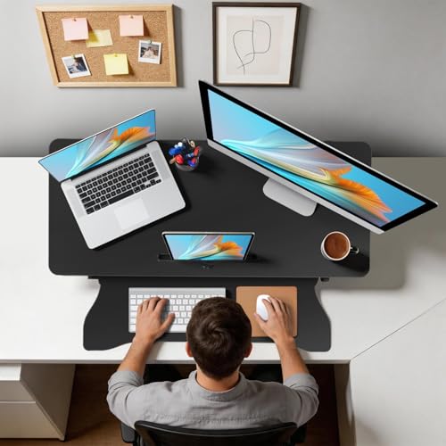 37 Inch Standing Desk Converter, Height Adjustable Desktop Standing Desk, Stand Up Riser Compatibles with 2 Computer, Stand Up Converter Laptop Workstation to 18.8" Tall, Black - color: Black
