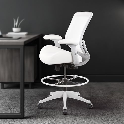 BOLISS 400lbs Mesh Ergonomic Office Drafting Chair Big Adjustable Foot Ring Height Adjustable Armrest (Wht) - color: White