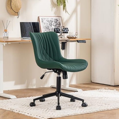 YOUTASTE Dark Green Armless Office Chair, Modern Adjustable Swivel Desk Chair with Wheels, Upholstered PU Leather, Black Metal Legs, Back Support for Home Office, Study, Vanity, Bedroom - color: Dark Green