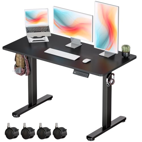 Okin Standing Desk Electric Adjustable Computer Whole Piece Stand up Desk with Wheels Office Gaming Home Office Memory Desks 48x24 inches Black - color: Black+casters, size: 48 Inch