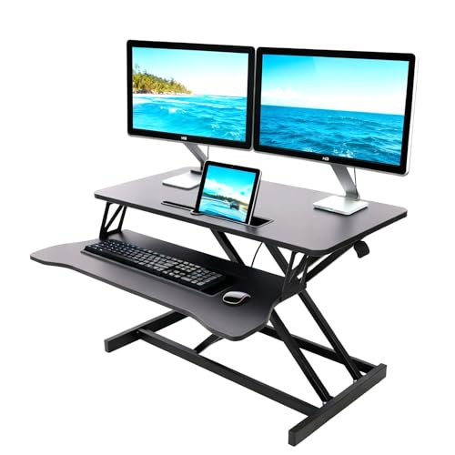 Standing Desk Converter, Height Adjustable, Dual Monitor with Keyboard Tray | Wide Keyboard Tray, Sturdy Construction, Sit-to-Stand Transition, Easy Assembly Tabletop Workstation for Home & Office - color: Black, size: 32"