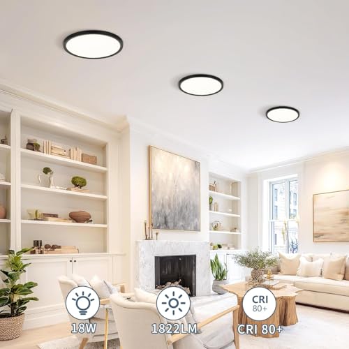 4 Pack 8.6 Inch LED Flush Mount Ceiling Light, ETL,18W, 1822LM, 3000K/3500K/4000K/5000K/6500K CCT Selectable, 0.66in Ultra Thin Round Flat Panel Ceiling Light Fixture for Bedroom, Kitchen(Black) - color: Black, size: 8.6"-4pack