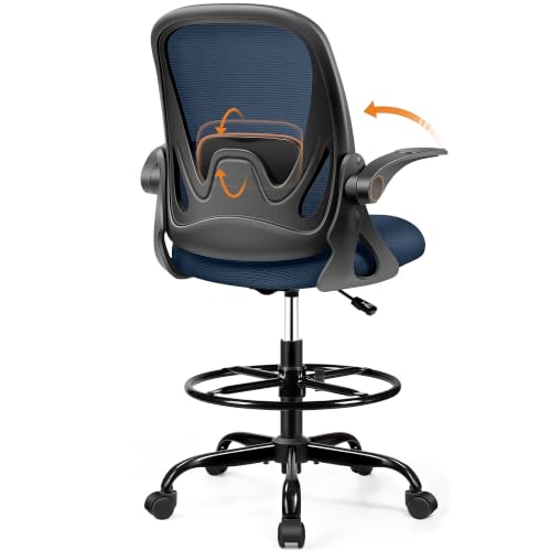 Drafting Chair Tall Office Chair with Flip-up Armrests, Adjustable Height, Enhanced Lumbar Support Ergonomic Rolling Stool, Back Support, Adjustable Foot Rest Ring for Standing Desk Navy - color: Navy, size: 934W-Z