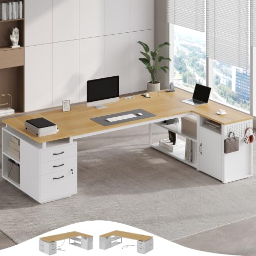 78" Executive Desk with Lockable File Cabinet, L Shaped Office Desk with Power Outlets, Large Executive Desk with Drawers and Storage Shelves , Reversible Computer Desk with Privacy Screen (White) - color: White