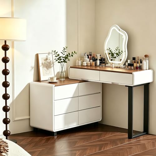 KDCAS White Vanity Desk with LED Lighted Mirror, Extendable Makeup Vanity Table with Walnut-Grain Top & Reversible Side Cabinet, L-Shaped Corner Vanity Desk for Bedroom, Home Office