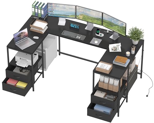 67" U Shaped Computer Desk, Reversible L Shaped Gaming Desk | Corner Desk with Power Outlets, 4 Drawers, 2 Storage Shelf, Computer Table with 4 Installation Methods, Black - color: Black, size: 35.4"D x 66.9"W x 30.3"H
