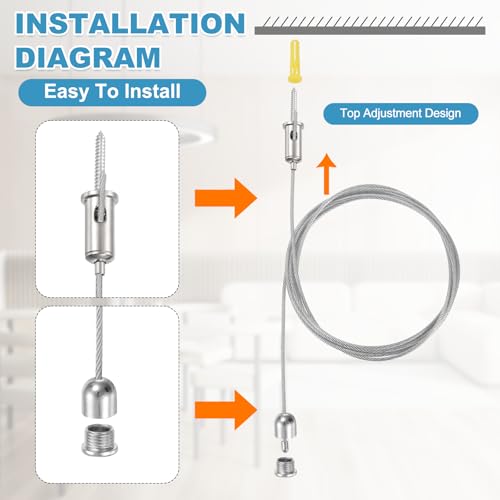 uxcell 4Set Ceiling Hanging Wire Cable Kit, 2.6ft Top Adjust Adjustable Hanging Wire Rope Suspension with Mount Screw Kit for Pendant Chandelier Ceiling LED Panel Light, Chrome - color: Chrome, size: 2.6ft