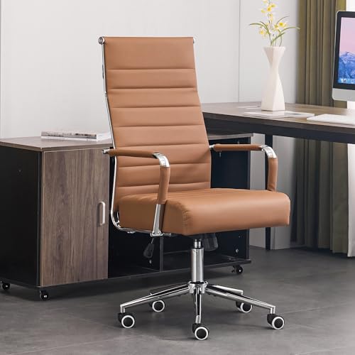 JOMEED Office Desk Chair,Conference Room Chair,High Back PU Leather Swivel | Modern Executive Ribbed Design, Ergonomic, Height Adjustable, Wheels and Arms, for Home Office(Brown-Silver Frame) - color: Brown-sliver Frame