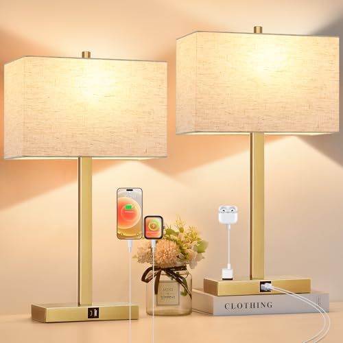 Lynnoland 21" Set of 2 Table lamp with USB A+C & AC Outlets, Touch Control 3-Way Dimmable Nightstand Lamps for Living Room Bedroom Office Reading, Linen Shade Touch Lamps, 3000K LED Bulbs Included - color: Natural Linen & Brushed Gold