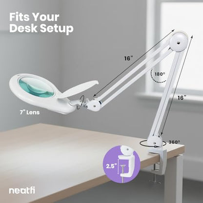 Neatfi Elite XL HD Super LED Magnifying Lamp with Clamp – 7” Glass Lens, 5-Diopter, 6500K Daylight | Glare-Free, Adjustable Arm | Reading, Sewing & Crafting (7 Inch Lens, White) - color: White, size: 7 Inch Lens