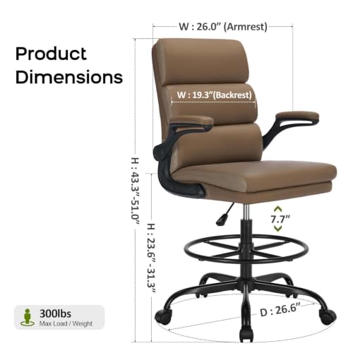 amseatec Drafting Chair, Tall Office Chair with Footrest for Standing Desk | 3-zone backrest and dual-layer cushion add comfort; 90° flip-up armrests plus adjustable foot ring fit counter-height tables - color: Tan