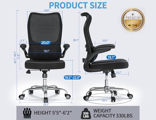 TRALT Office Chair Ergonomic Desk Chair - Gaming Chair with Lumbar Support | 330 LBS Home Office Desk Chairs , Reading Chair with Flip-up Armrests, Comfortable Computer Chairs (1, Black) - color: Ink Black