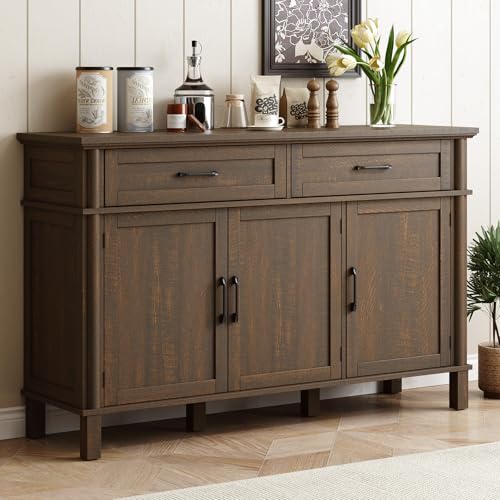 55 Inch Buffet Cabinet with Storage, Brown | Farmhouse Sideboard Buffet w/2 Drawers and 3 Doors, Wood Coffee Bar Cabinet with Adjustable Shelves for Kitchen, Living Room - color: Brown, size: 55 Inch