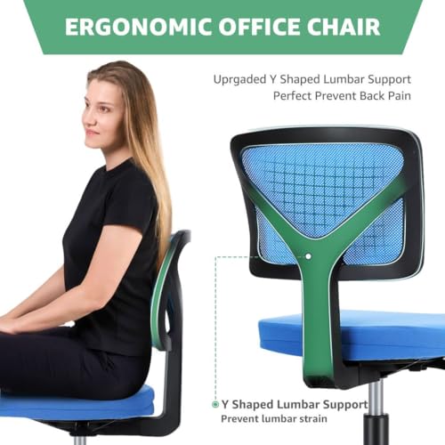 Armless Mesh Office Chair, Ergonomic Low Back Deskchair, Adjustable Rolling Task Computer Swivelchairs for Small Spaces Home Bedroom Study, Blue - color: Blue