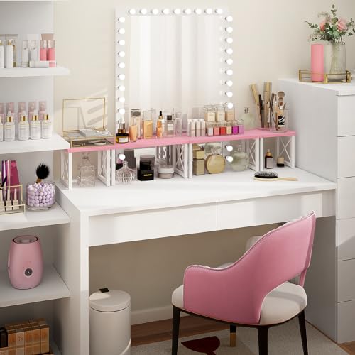 ELITEROO Desktop Shelf, 2 Tier Independent Stackable Desk Stand, Adjustable Freestanding Table Top Mini Bookshelf, Aesthetic Storage Organizers for Women/Girls/Daughter, Pink - color: Pink