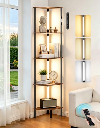 5-Tier Corner Bookshelf with LED Lights, Touch & Remote Control, 3 Color Temperatures, Dimmable Narrow Display Shelf for Living Room, Bedroom, Office(Rustic Brown) - color: Rustic Brown
