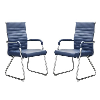Okeysen Office Guest Chairs Set of 2, Modern Leather Reception Chairs with Mid Back & Sled Base, No-Wheel Desk Chairs for Waiting Room & Conference Room - color: Blue Leather/Silver Frame, size: Set of 2
