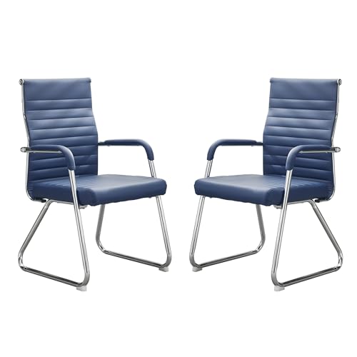 Okeysen Office Guest Chairs Set of 2, Modern Leather Reception Chairs with Mid Back & Sled Base, No-Wheel Desk Chairs for Waiting Room & Conference Room - color: Blue Leather/Silver Frame, size: Set of 2
