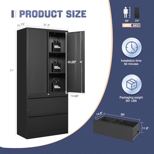 2 Drawer Lateral File Cabinet, Office Storage Cabinet with 2 Wide&Deep Drawers and Locking Doors, Black Metal Cabinet with Adjustable Shelves for Home Office, Fits A4/Letter/Legal Size Folders