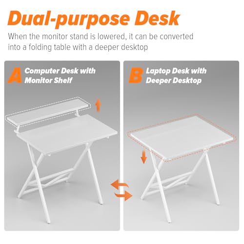 WOHOMO Folding Computer Desk with Monitor Stand, Adjustable Height, White | Foldable Table Small Office Desk for Bedroom, Space Saving Desk for Home Office, Easy Assembly - color: White