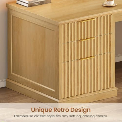 SEDETA Fluted 110.3" Two Person Desk with 7 Drawers for Office, Fluted Oak - color: Fluted Oak, size: 110.3" Two Person Desk