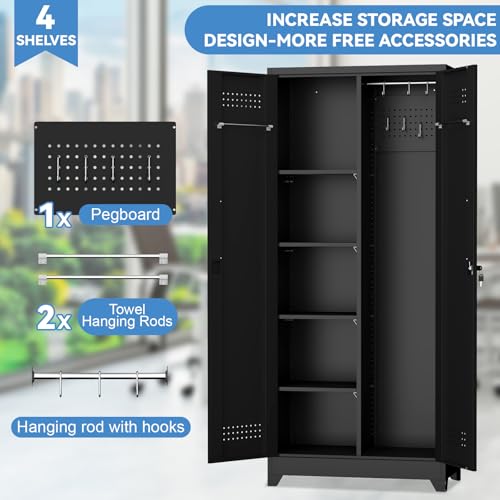 Metal Utility Closet,Broom Closet Storage Cabinet with Doors and Shelves,Locking Storage Cabinets for Home Office,Gym,Laundry,Black - size: 72"H x 31.5"W x 15.74"D-Black