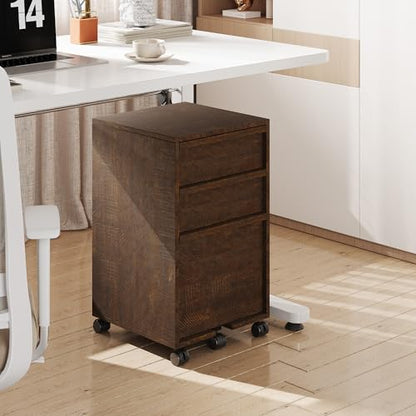 Garvee Rolling File Cabinet with 3 Drawers, Wood Mobile Filing Cabinet for Home Office, Under Desk Printer Stand with Wheels, Large File Drawer, 2 Locking Casters, Brown - color: Brown