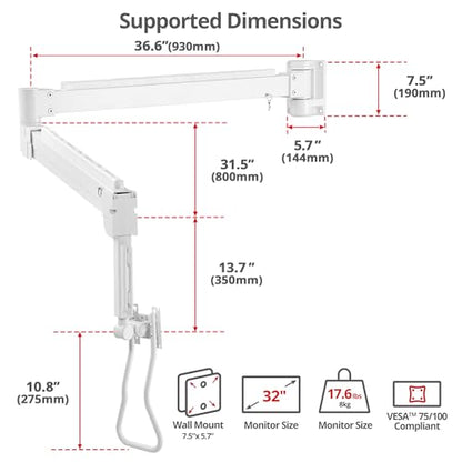 SIIG Single Monitor Wall Mount, 17"-32", 17.6 lbs, CE-MT5W11-S1 | Wall-mount one monitor from 17"-32" up to 17.6 lbs; gas-spring adjustment and VESA support confirm wall placement.