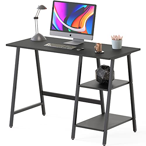 SHW 43-Inch Trestle Computer Desk with Open Storage Shelves, Black | w/ Adjustable Glides - color: Black