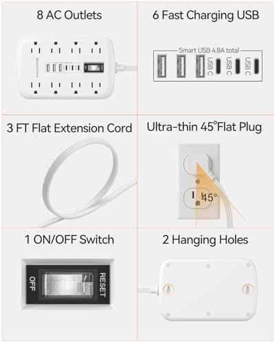 3FT Extension Cord with 6 USB(3 USB C) 8 Outlets, Flat Plug Power Strip - size: 3 FT-White-Three Prong