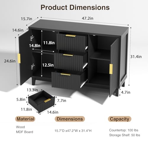 47.2" W Storage Cabinet with 3 Drawers, Fluted Buffet Cabinet with Storage - color: Black, size: 3 Drawers - 15.7"D x 47.2"W x 31.5"H