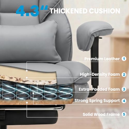 ALLGOD Office Desk Chair, Big and Tall Executive Chair with Lumbar Support, High Back Computer Gaming Chair, PU Leather with Pocket Spring Cushion, Adjustable Armrests and Footrest, Grey - color: Lightgrey