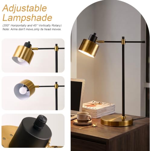 22.2" Modern Desk Lamp, Metal Table Lamp with LED Bulb, Adjustable Reading Lamps for Living Room, Mid Century Task Lamp for Home Office, Industrial Bedside Lamps with Solid Base,Black and Gold - color: Black and Gold