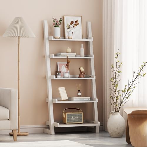 AQIMUELE White Wooden Ladder Shelf with Edges, 5-Tier Modern Leaning Bookshelf Ladder – Stylish Space-Saving Bookcase for Living Room, Bedroom & Home Office - color: White, size: 5-Tier