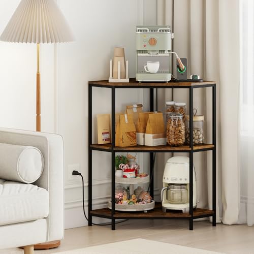 GIANTEX Corner Printer Stand, 3-Tier Corner Shelf with Charging Station and Metal Frame, Small Industrial Bookshelf, Printer Table for Living Room, Kitchen, Home Office (1)
