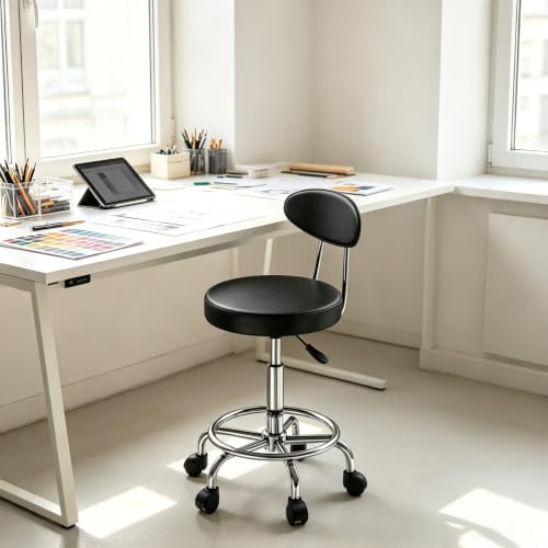 Adjustable Height Rolling Stool with Backrest - color: Black
