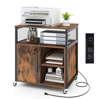 Rolling File Cabinet, Printer Stand with Charging Station (Brown) | Mobile Lateral Filing Cabinet | Adjustable Shelf & Metal Frame | Lockable Wheels | For Home Office & Small Space - color: Brown