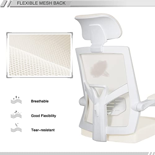 Qulomvs Mesh Ergonomic Office Chair with Footrest Home Office Desk Chair with Headrest and Backrest 90-135 Adjustable Computer Executive Desk Chair with Wheels 360 Swivel Task Chair - color: Cream White With Footrest