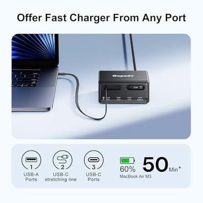 6-in-1 Retractable Charger GaN USB C for iPhone/Android Multiple Devices | 150W Charging Station with Dual Retractable Cables for iPhone 17/16,iPad,MacBook and More-Desktop Charger for Home,Office