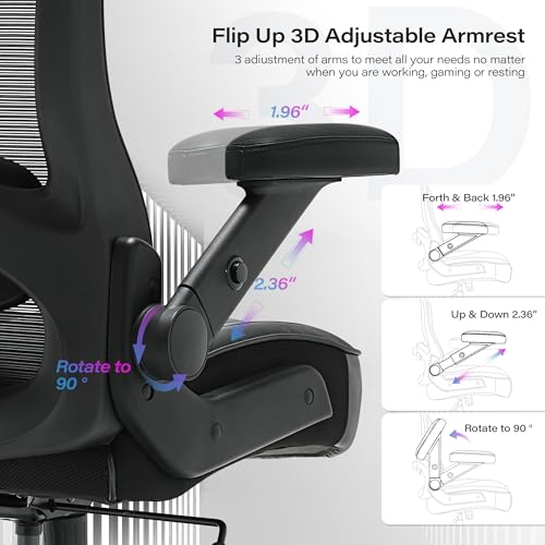 600lbs Big and Tall Office Chair, Heavy Duty Executive Computer Desk Chair | 3D Flip Arms, Large Wheels, Ergonomic Design, Extra Wide Seat, Adjustable Lumbar Support&Headrest, Mesh High Back Chair - color: Black-black Armrests