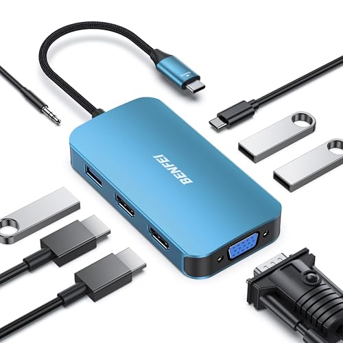 BENFEI USB C Docking Station, 8-in-1 USB C Hub with Triple Display Dual HDMI, VGA, 3*USB 3.0, 100W Power Delivery, 3.5mm AUX Audio Compatible with MacBook Pro, XPS and More - color: Blue, size: 8-in-1