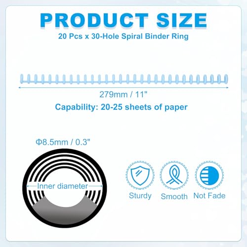 PATIKIL 8.5mm(0.3") Spiral Binder Ring,20 Pcs 30 Rings 25 Sheet Capacity Comb Binding Spines for Binding Paper Sheets Notebook Calendar Picture Album, Sky Blue - color: Sky Blue