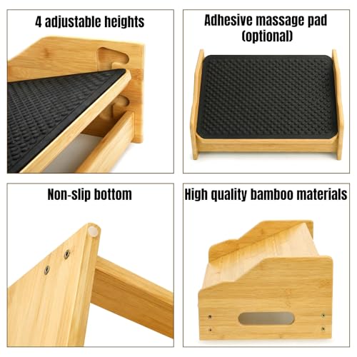 Hiceeden Bamboo Foot Rest Under Desk, Ergonomic Footrest with 4 Adjustable Heights, Non-Slip Foot Stool with Massage Surface for Office & Home Work, Improves Posture & Leg Circulation