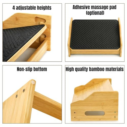 Hiceeden Bamboo Foot Rest Under Desk, Ergonomic Footrest with 4 Adjustable Heights, Non-Slip Foot Stool with Massage Surface for Office & Home Work, Improves Posture & Leg Circulation